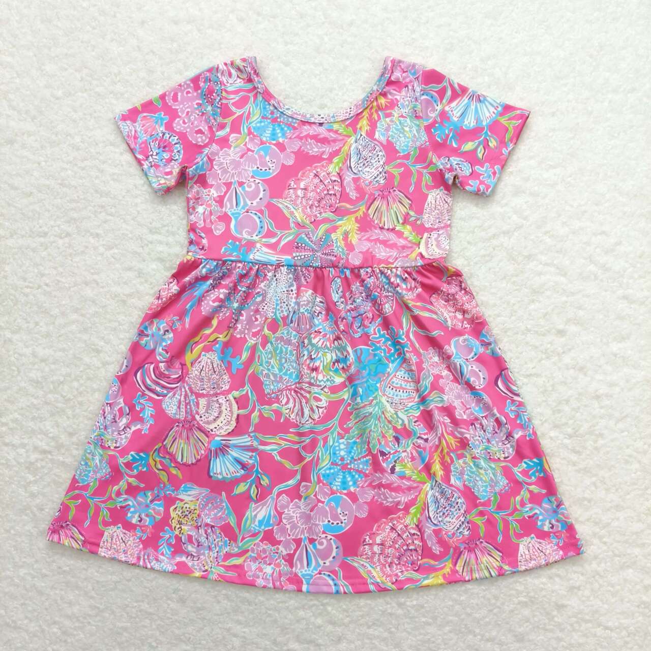 GSD1115 Sea grass shell rose red short sleeve dress high quality toddler girls dresses