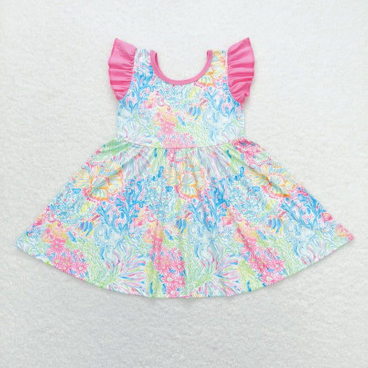 GSD1137 Floral seagrass pattern pink flysleeve dress High quality kids dresses for girls
