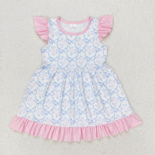 GSD1152 Flower bow Pink lace flying sleeve dress high quality wholesale party dress for kids girls