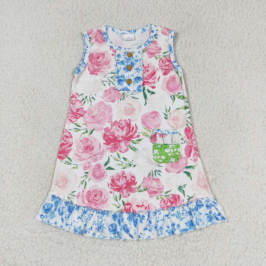 GSD1154 Flower Pink Blue Ruffle Sleeveless Dresses for Girls RTS 202509