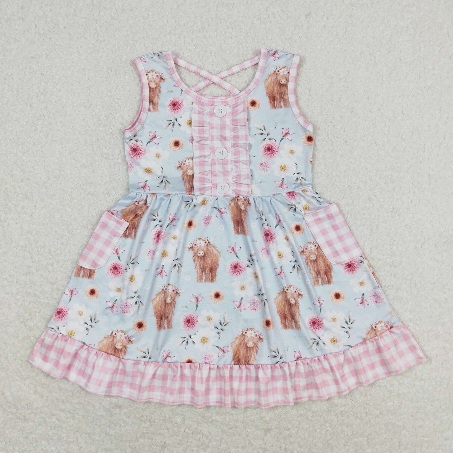 GSD1173 Alpine bull head flower pink-white plaid pocket light blue sleeveless dress