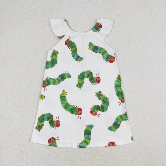 GSD1199 Cartoon Caterpillar White flying sleeve dress High quality dress for kids girls 2 to 14 years old