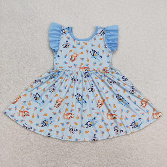 GSD1202 Cartoon Bluey Ice Cream Blue Ruffle Fly Sleeve Dress Girls Boutique clothes  202404 RTS