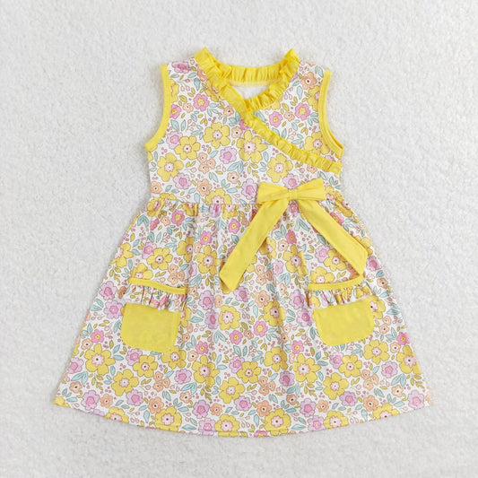 GSD1216 RTS floral yellow lace pocket bow sleeveless dress