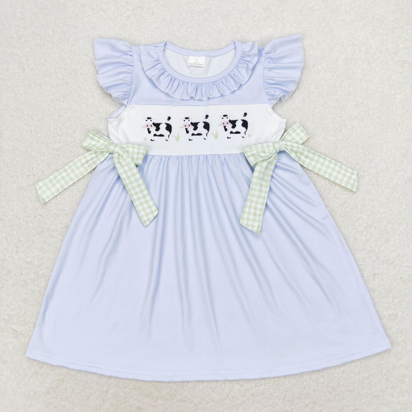 GSD1252 Cow check bow blue flying sleeve dress High quality baby dress girls