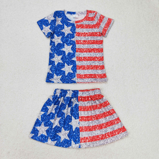 GSD1263 4th of July Star Stripe Short Sleeve Shirts with Skirts Outfits for Girls RTS 202509