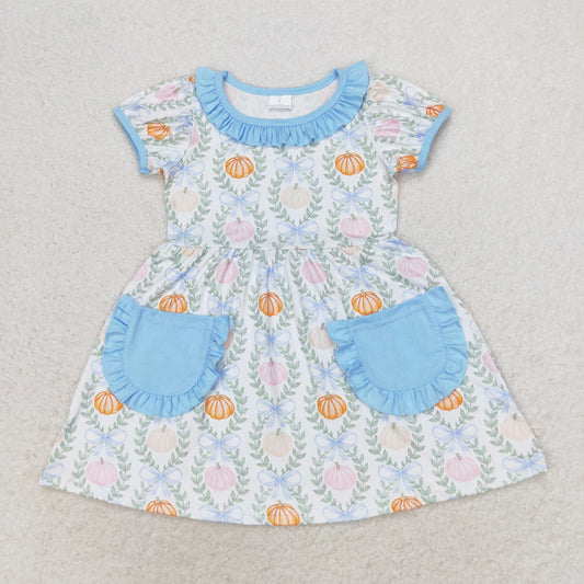 GSD1269 Pumpkin leaf blue lace pocket short sleeve dress high quality dresses for girls of 10 year old