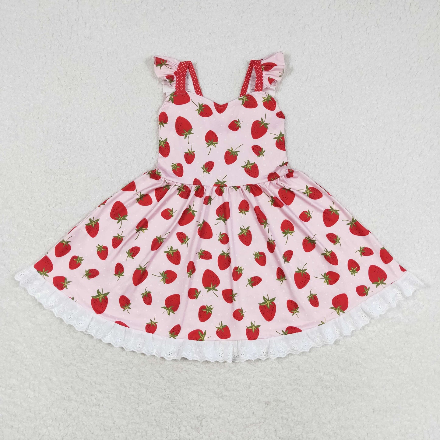 GSD1273 strawberry red lace ruffle flying sleeve dress for girls 202504 RTS