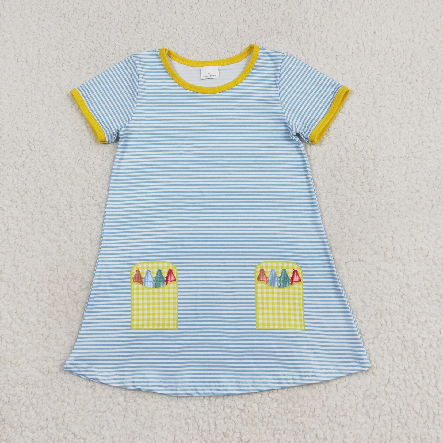 GSD1311 Pastel yellow plaid blue striped short-sleeved dress teenager girl dress