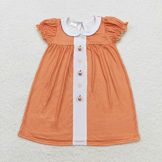 GSD1337 Embroidered smiley face jack-o '-lantern candy doll collar orange plaid short-sleeved dress
