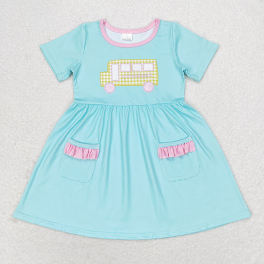 GSD1341 Yellow plaid school bus teal pocket short-sleeved dress girls party dresses