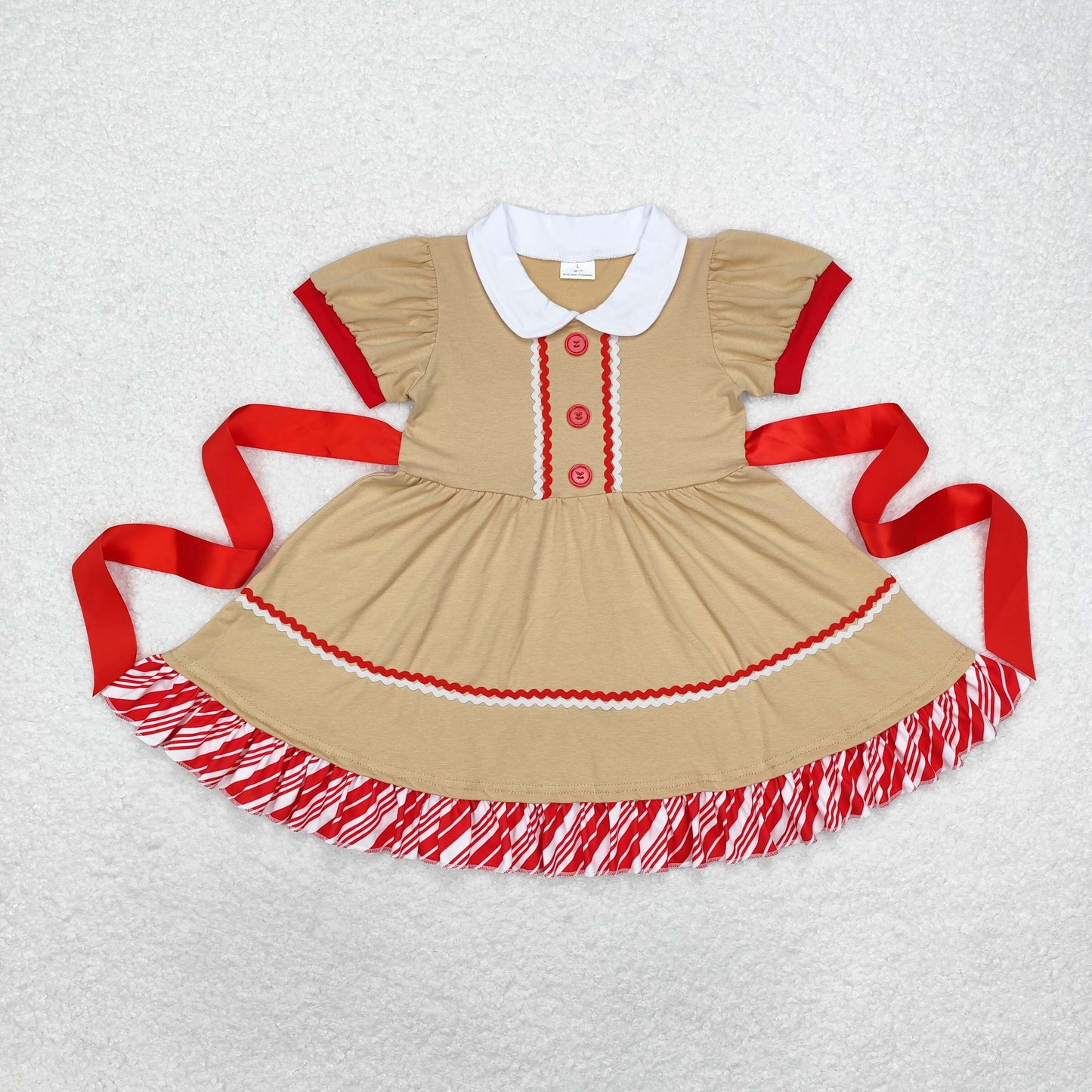 GSD1389 Christmas doll collar striped lace red belt brown short-sleeved dress