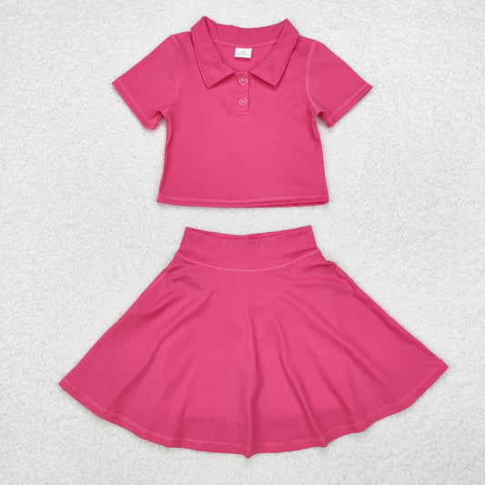 GSD1391 Solid rose red short sleeve skirt yoga suit