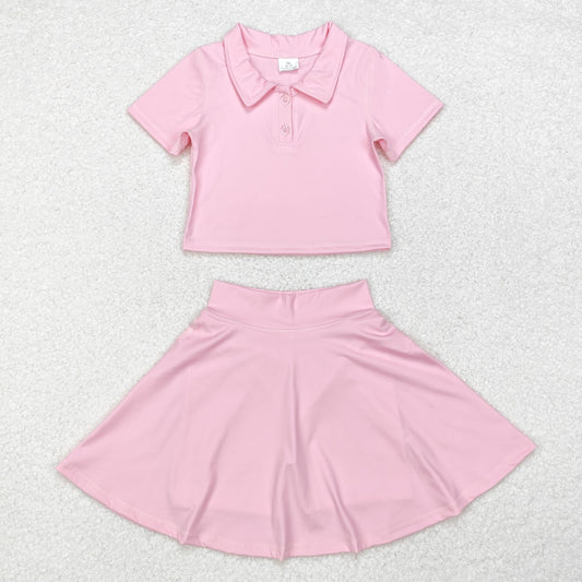 GSD1393 Solid pink short sleeve skirt yoga suit