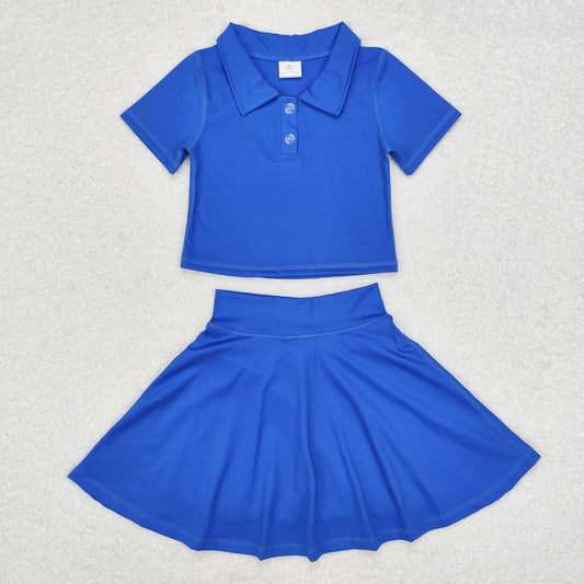 GSD1396 Solid blue short sleeve skirt yoga suit