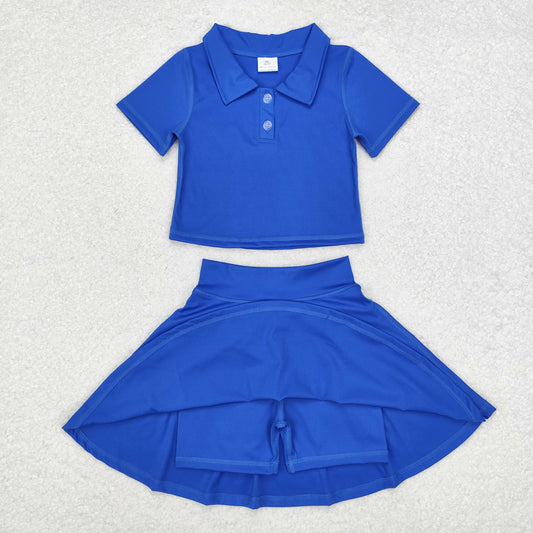 GSD1396 Solid blue short sleeve skirt yoga suit