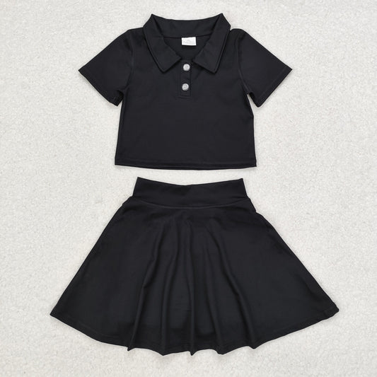 GSD1397 Solid color black short sleeve skirt yoga suit