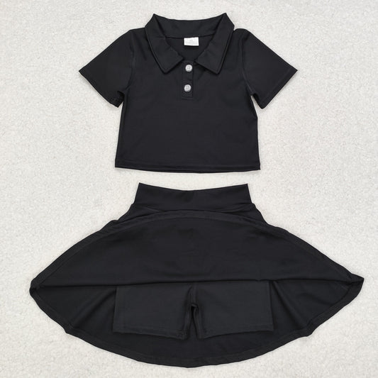 GSD1397 Solid color black short sleeve skirt yoga suit