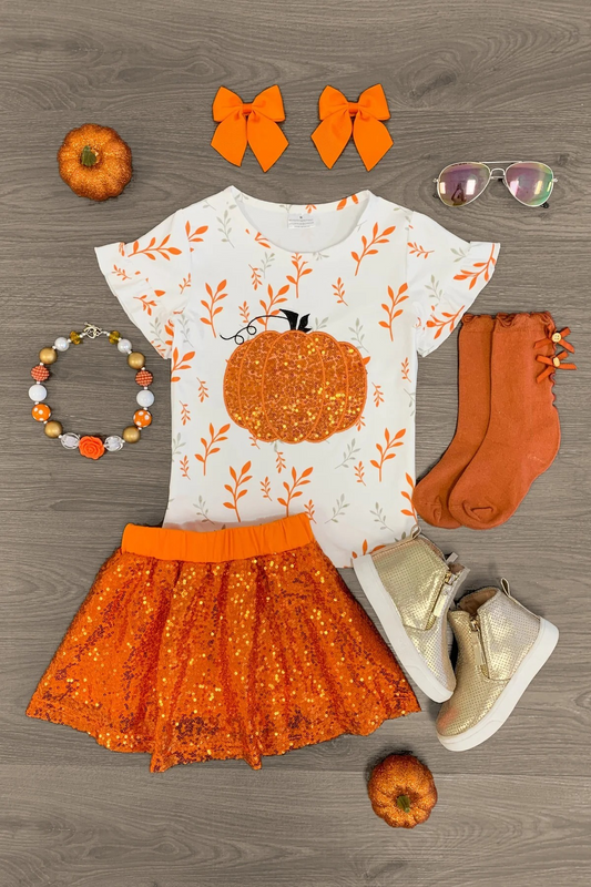 Preorder GSD1399 NO MOQ Pumpkin white short sleeve orange sequin skirt set