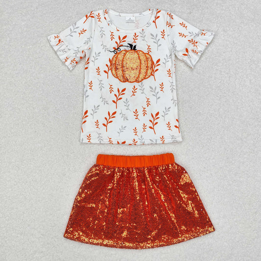 GSD1399 Pumpkin white short sleeve orange sequin skirt set