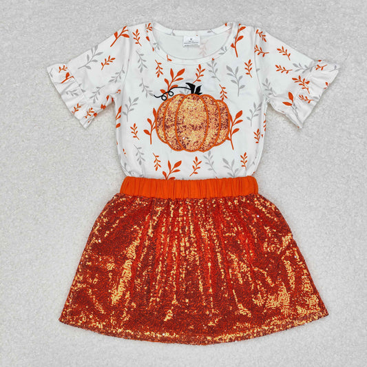 GSD1399 Pumpkin white short sleeve orange sequin skirt set