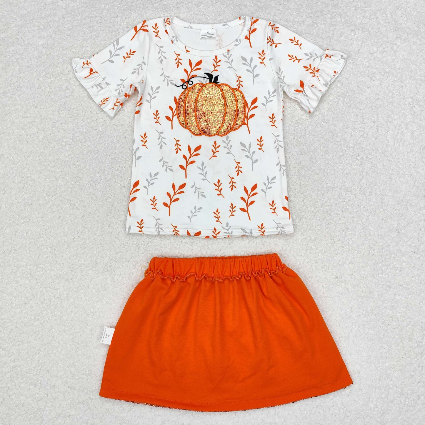 GSD1399 Pumpkin white short sleeve orange sequin skirt set