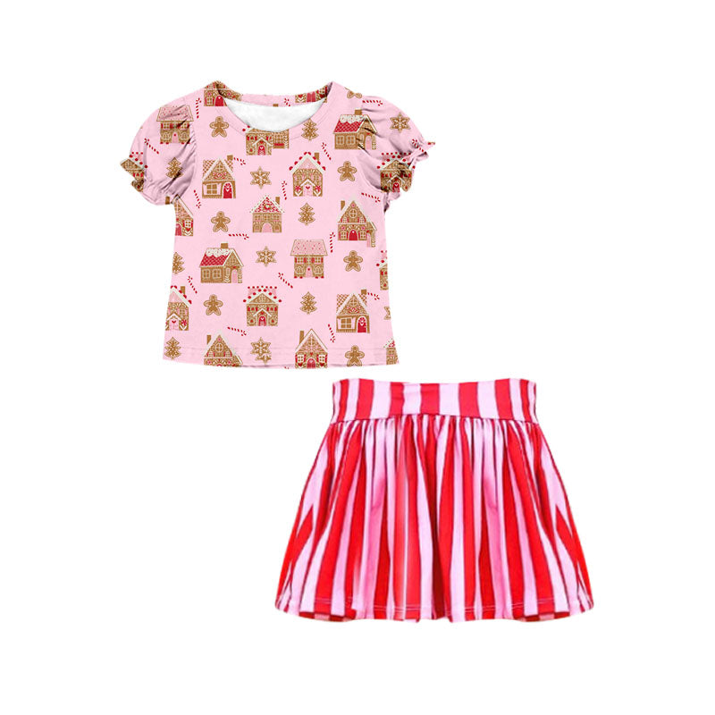 Preorder GSD1401 NO MOQ Gingerbread Man House pink short-sleeved striped skirt set