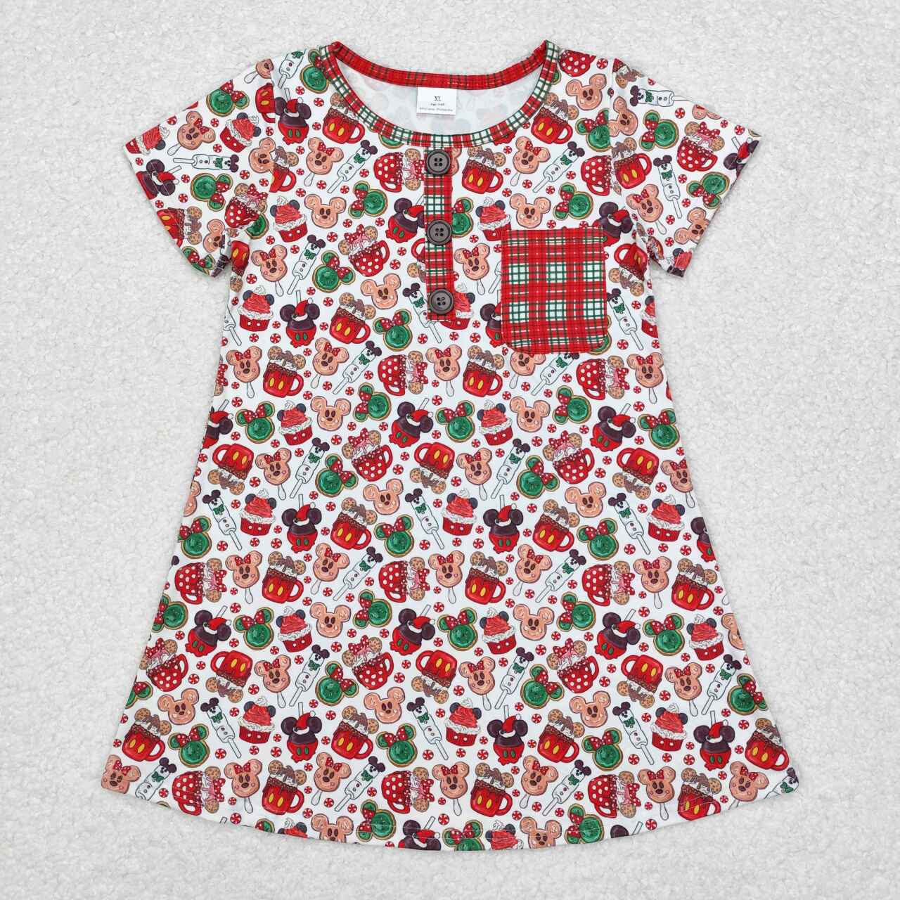 GSD1403 Christmas Mickey cup plaid pocket white short-sleeved dress high quality