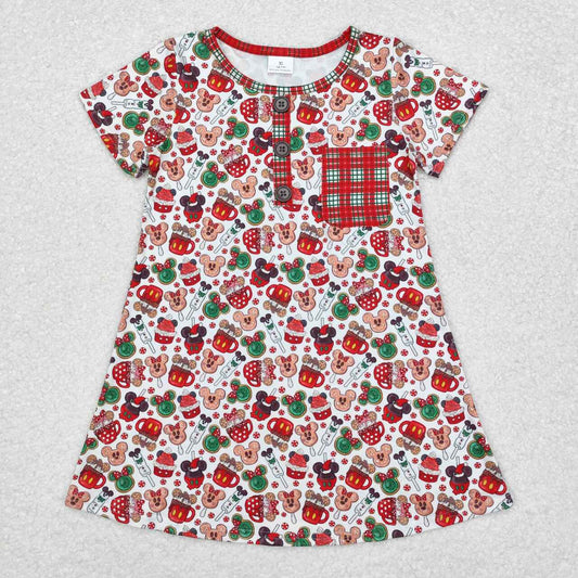 GSD1403 Christmas Mickey cup plaid pocket white short-sleeved dress high quality