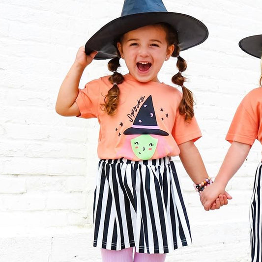 Preorder GSD1406 NO MOQ spooky Witch pink orange short sleeve black and white striped skirt set