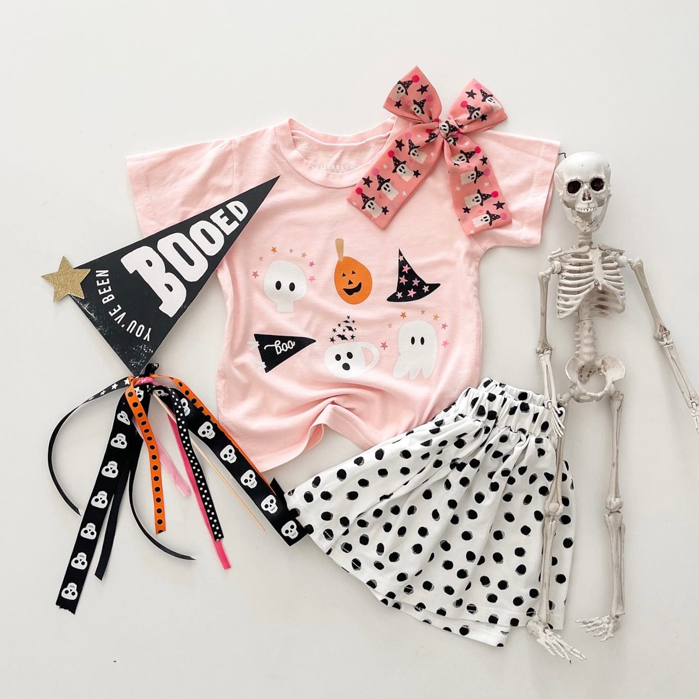 Preorder GSD1407 NO MOQ Halloween Ghost Pumpkin Pink Short sleeve black polka dots white skirt set