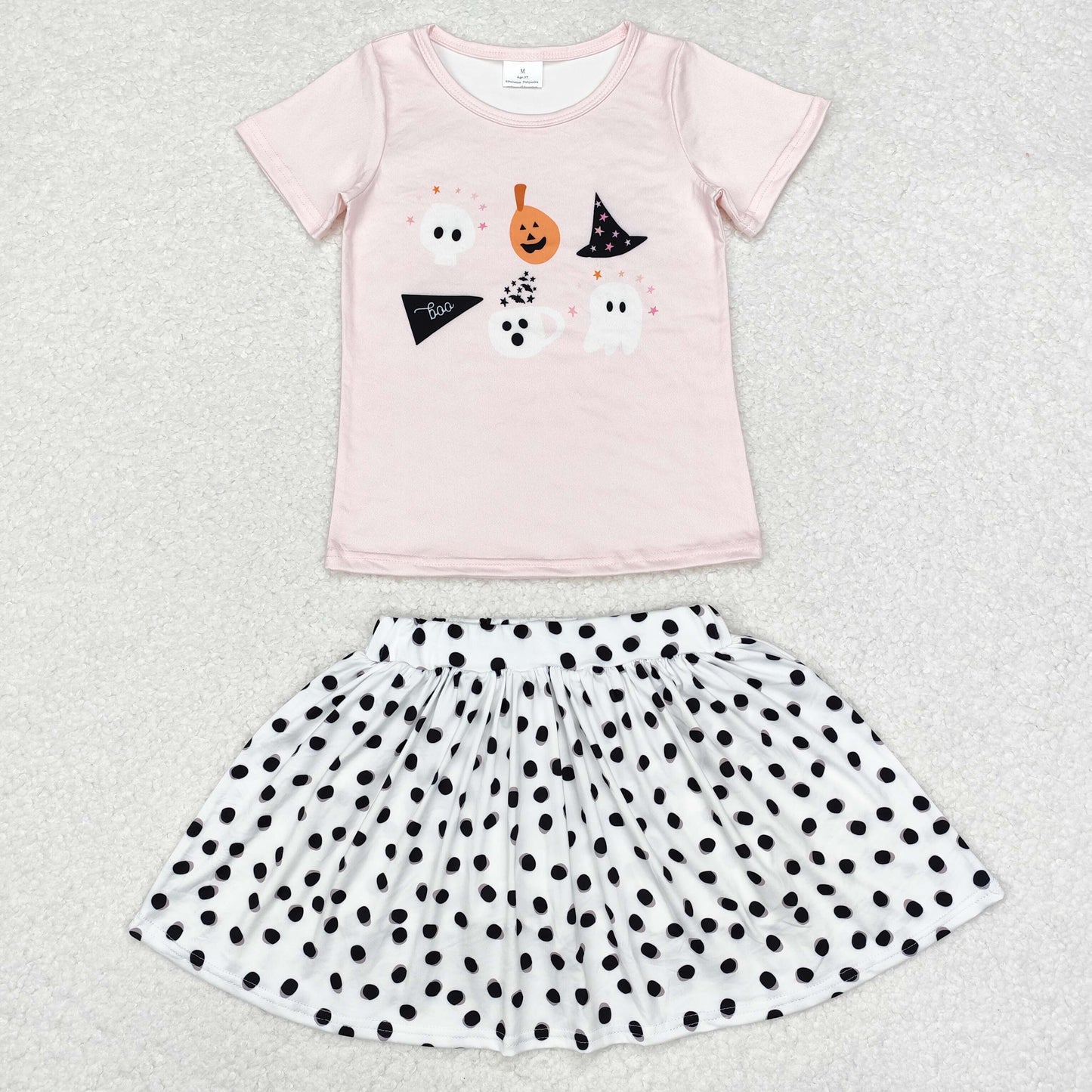 GSD1407 Halloween Ghost Pumpkin pink short sleeve black polka dots white skirt suit