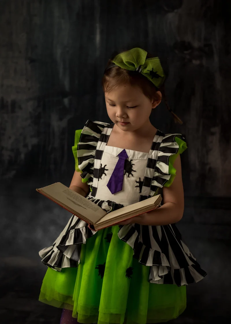 Preorder GSD1411 NO MOQ Halloween Tie Spider Black and White striped lace green sleeveless dress