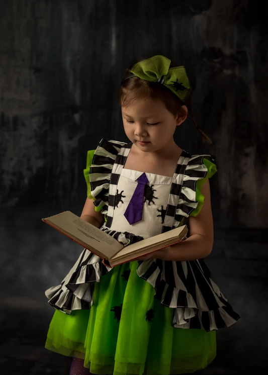 Preorder GSD1411 NO MOQ Halloween Tie Spider Black and White striped lace green sleeveless dress