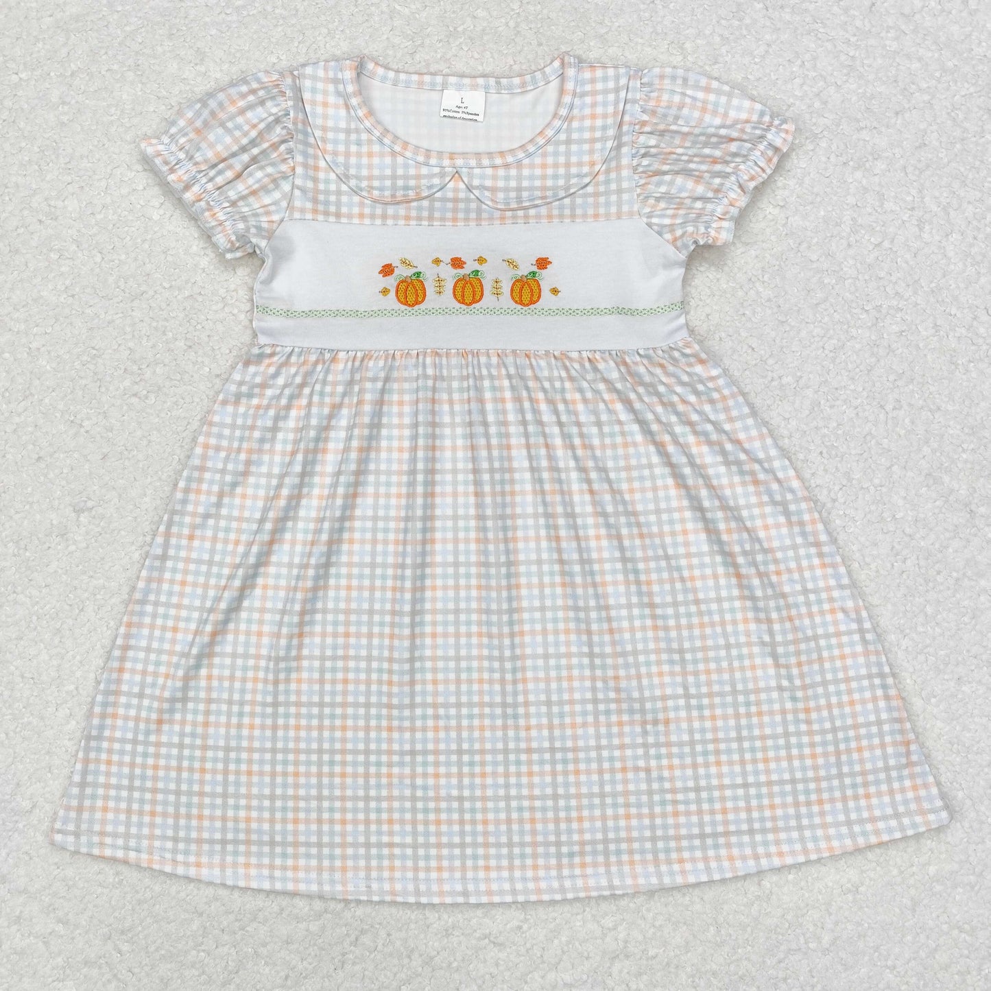 GSD1420 Embroidered pumpkin collar plaid short-sleeved dress