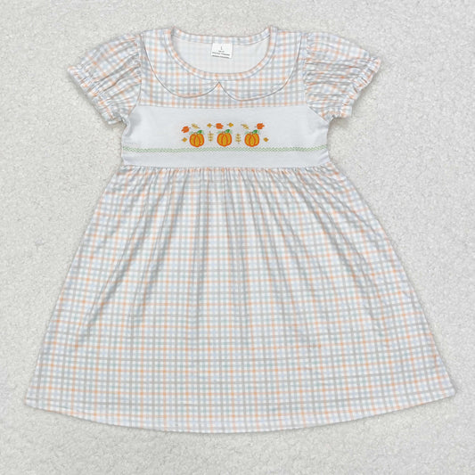 GSD1420 Embroidered pumpkin collar plaid short-sleeved dress