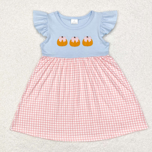 GSD1421 Pink plaid short-sleeved one-piece dress with embroidery pumpkin pattern