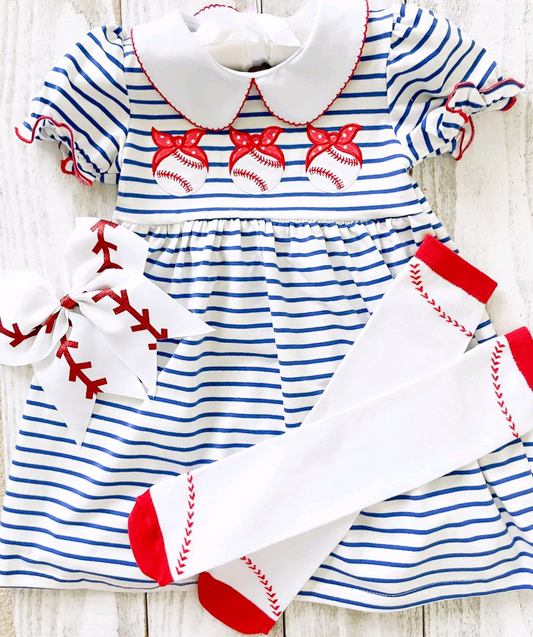 Preorder GSD1436 Polka dot red bow headband baseball blue striped doll collar short-sleeved dress