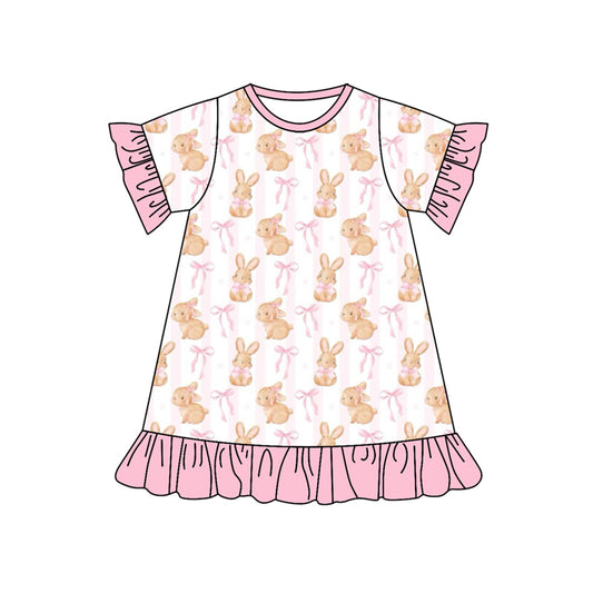 Preorder GSD1444 Bunny bow pattern lace pink striped short-sleeved dress