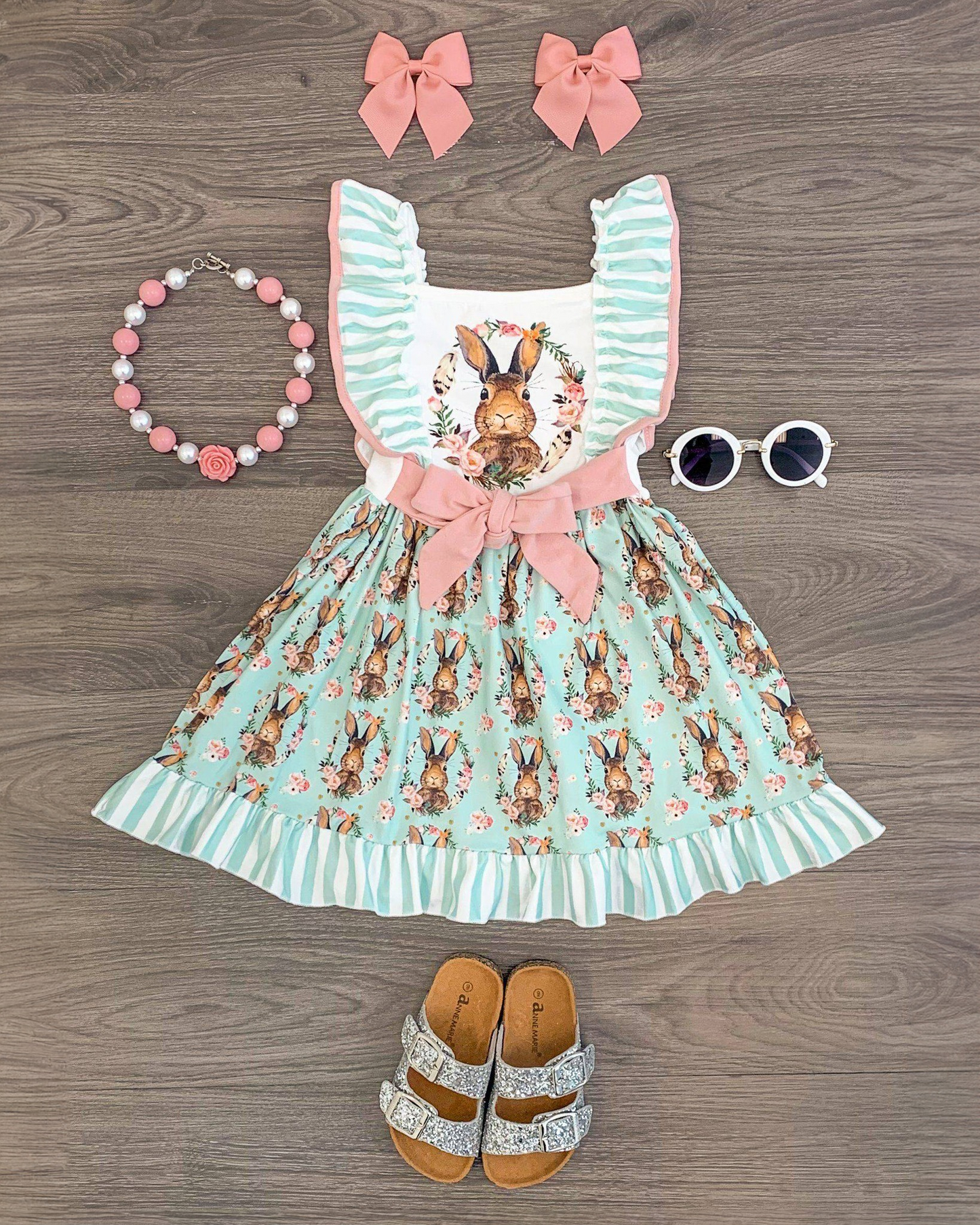 Preorder GSD1463 Easter Bunny wreath striped lace sleeveless dress