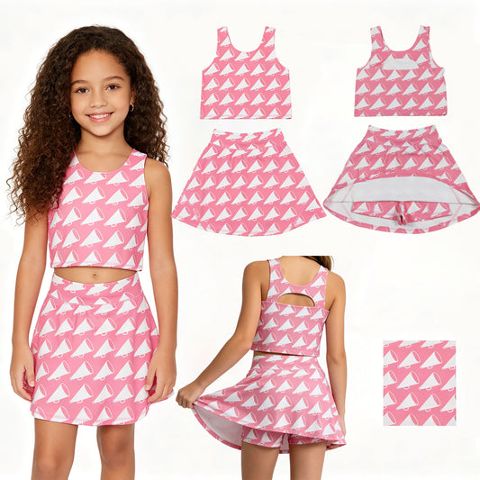 New GSD1467 loudspeaker pink sleeveless top skirts shorts 2 pieces girls yoga sets 202604 RTS