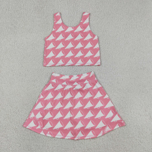 New GSD1467 loudspeaker pink sleeveless top skirts shorts 2 pieces girls yoga sets 202604 RTS