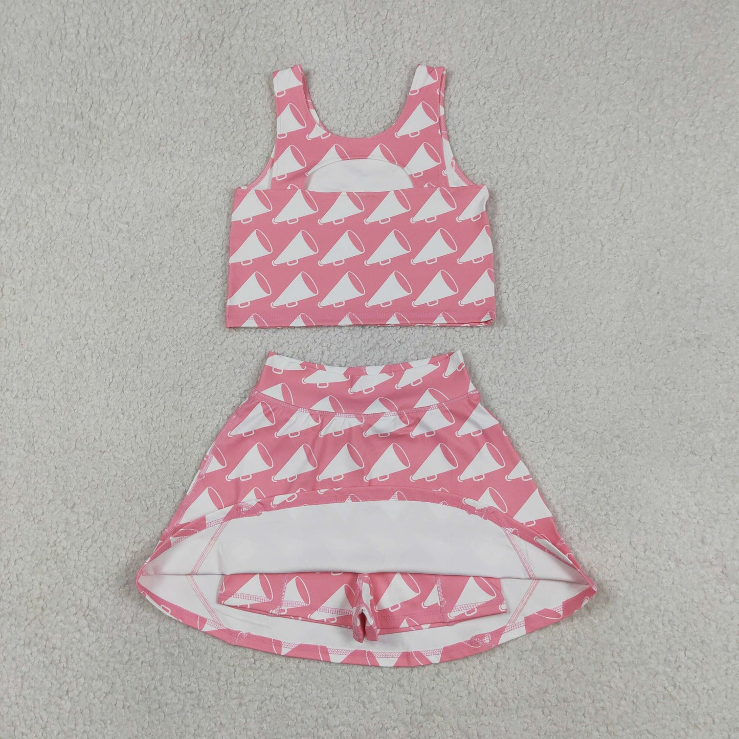 New GSD1467 loudspeaker pink sleeveless top skirts shorts 2 pieces girls yoga sets 202604 RTS