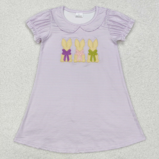 GSD1470 Embroidered Easter Bunny Bow Purple Stripe Doll Collar Short Sleeve Dresses for Girls RTS 20241127
