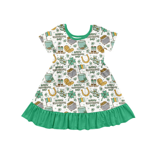 Preorder GSD1477 happy shamrock day Letter four-leaf Clover gold coin green lace short-sleeved dress