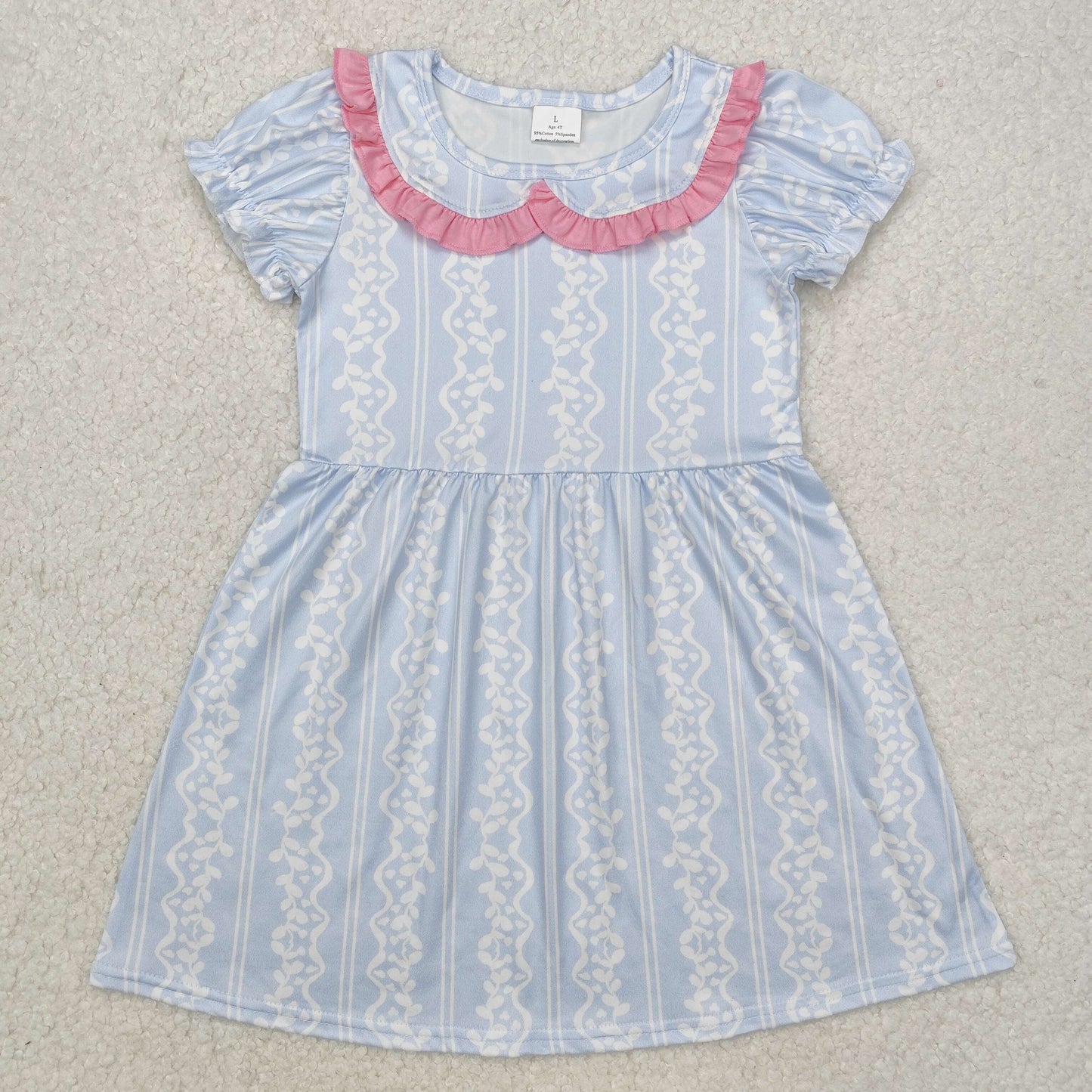 GSD1499 Blue dress Pink ruffle valentines boutique outfit short sleeve  RTS 202412