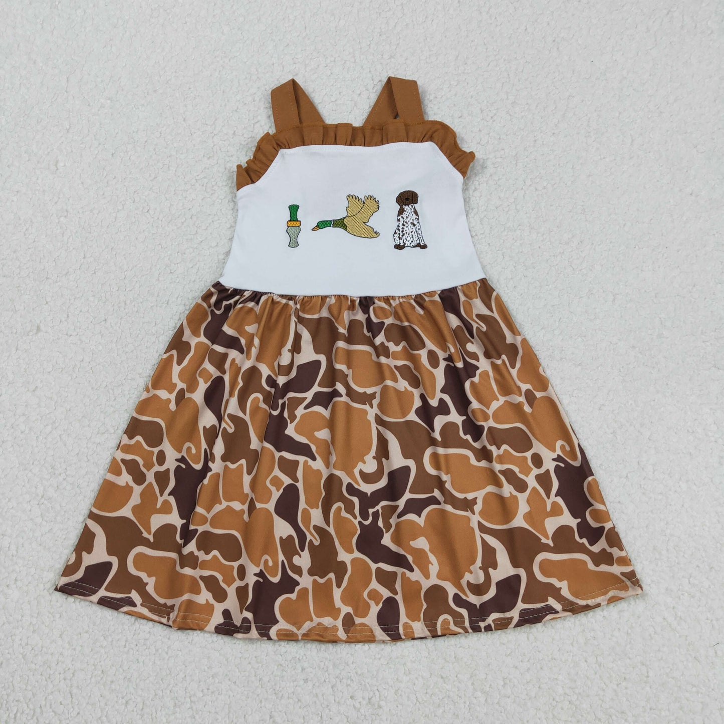 GSD1518 Embroidered Duck Hunting Camouflage Brown Ruffle Halter Dresses for Girls 202603 RTS