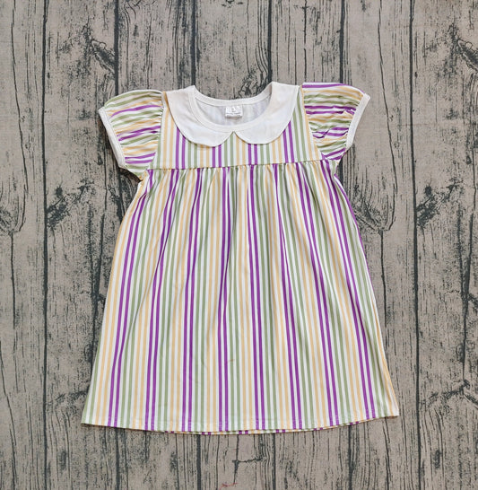 NO MOQ preorder GSD1571 Mardi Gras Purple Stripe Doll Collar Short Sleeve Dresses for Girls 202509