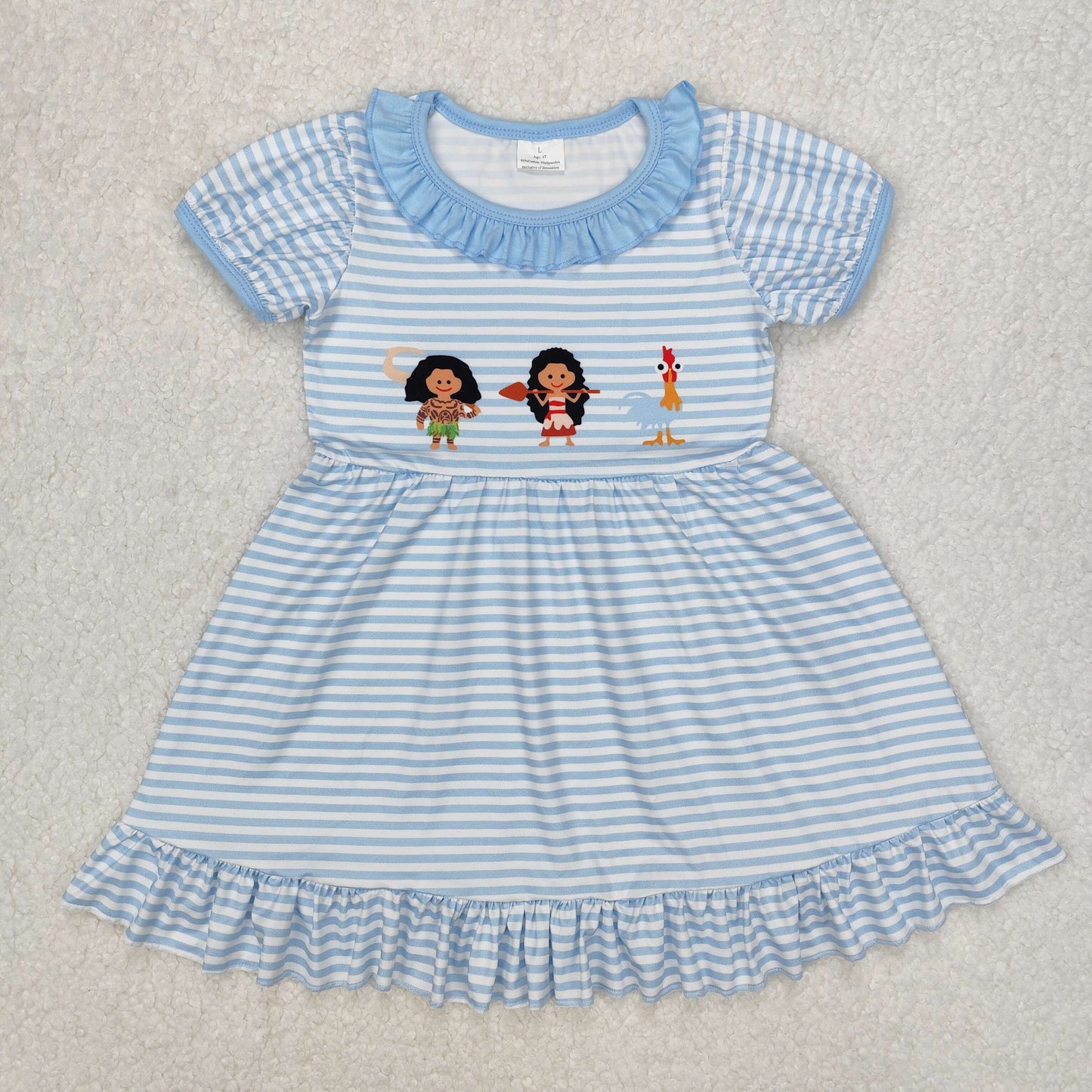 GSD1582 Cartoon Girl chick Blue striped short sleeve Dress Girls Boutique clothes  202503 RTS