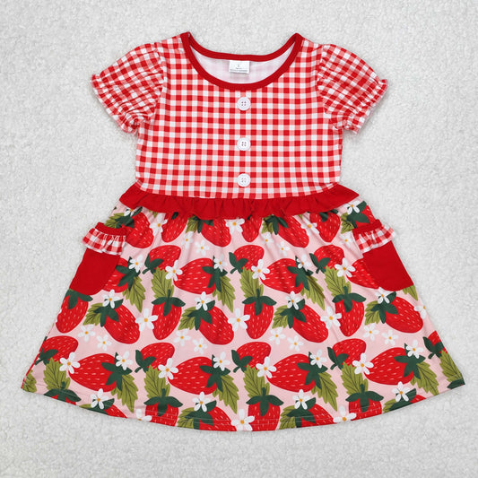 GSD1612 Red Plaid Ruffle Strawberry Short Sleeve Dress Boutique Girls Outfits 202503 RTS